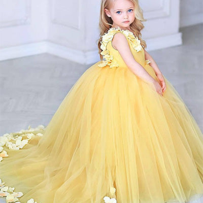 yellow flower girl dresses V-Neck Sweep Train Yellow Tulle Flower Girl Dress with Flowers,Cheap F – mybestbridal