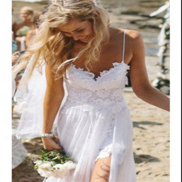 Simple Spaghetti White Lace Side Slit Wedding Dresses For Beach Wedding, WDY0102