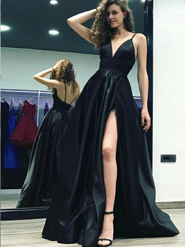 A-Line Spaghetti Straps Floor-Length Black Satin Prom Dress ,Cheap Prom Dresses,PDY0399