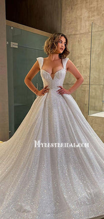 Elegant Unique Spaghetti Straps A-line Sparkly Wedding Dresses Online, WDY0243