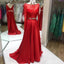 Two Pieces Scoop Neckline Red Lace Long Sleeve Long A-line Satin Prom Dresses, BG0335