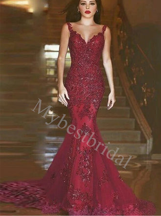 Sexy V-neck Spaghetti straps Mermaid Prom Dresses,PDS0786