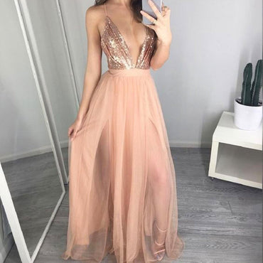 Spaghetti Deep V-Neck Sequin Top Long A-lien Nude Tulle Prom Dresses, BG0263