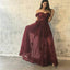 Off Shoulder Brick Red Tulle Lace See Through Long A-line Prom Dresses, BG0264