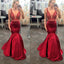 Sexy V-Neck Red Beaded Mermaid Satin Long Prom Dresses, BG0265