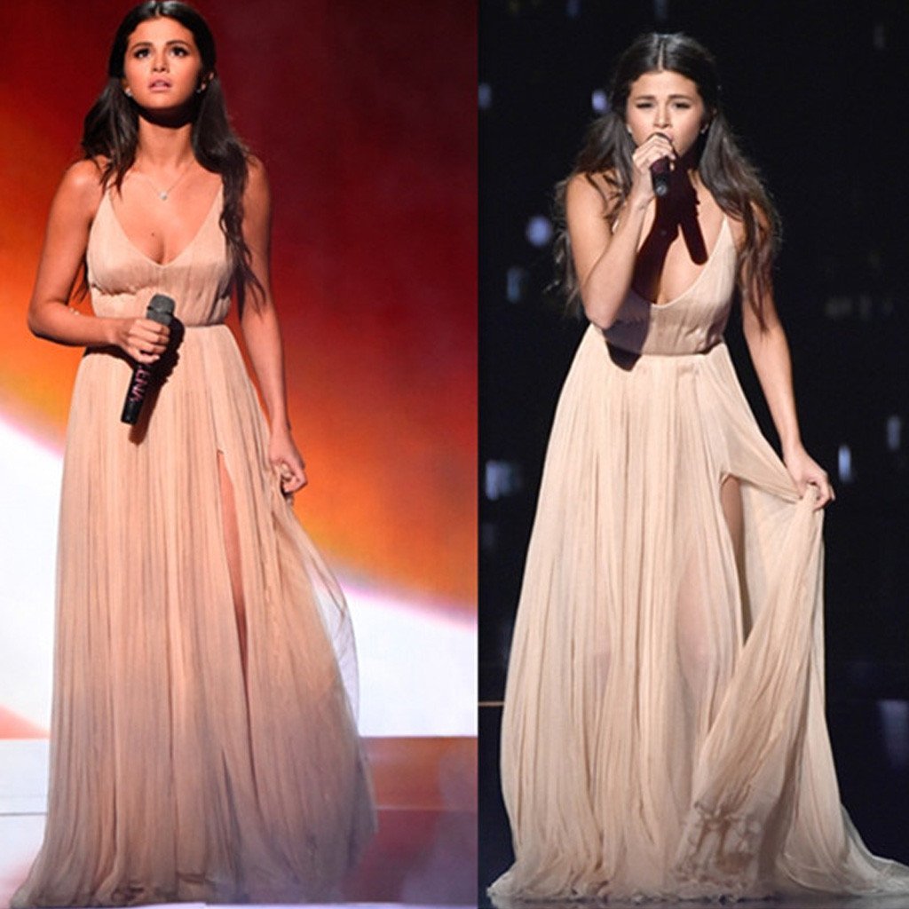 Selena Gomez Inspired Sexy V-neck Long A-line Side Slit Chiffon Prom Dresses, BG0266