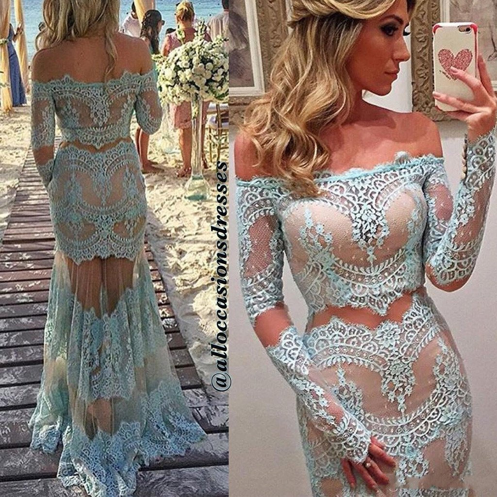 Off Shoulder Sexy See Through Blue Lace Long Mermaid Tulle Prom Dresses, BG0267