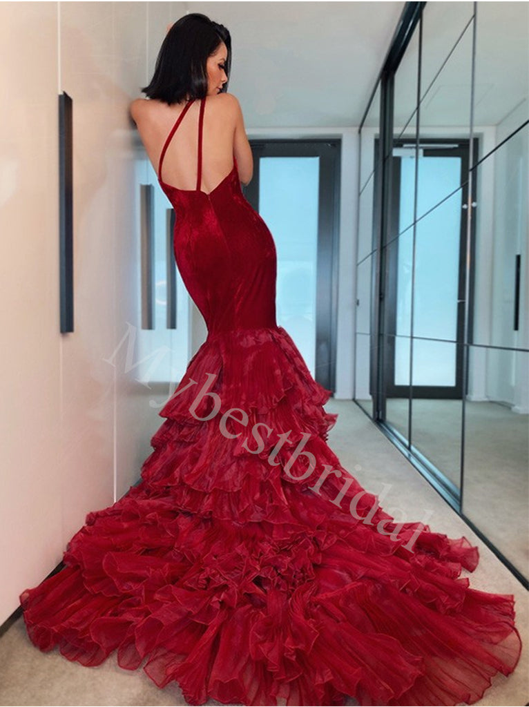 Red Elegant One shoulder Sleeveless Mermaid Prom Dresses,PDS0847