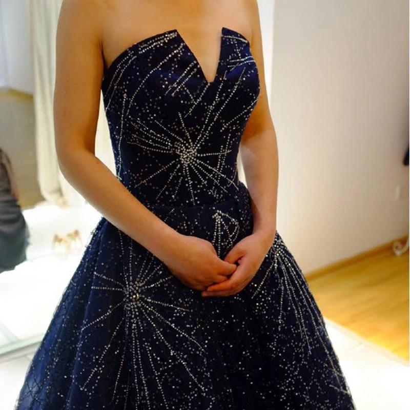 Elegant Sparkle Long A-line Ball Gown Navy Blue Tulle Rhinestone Prom Dresses, BG0268