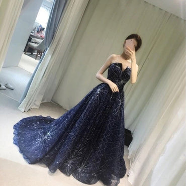 Elegant Sparkle Long A-line Ball Gown Navy Blue Tulle Rhinestone Prom Dresses, BG0268