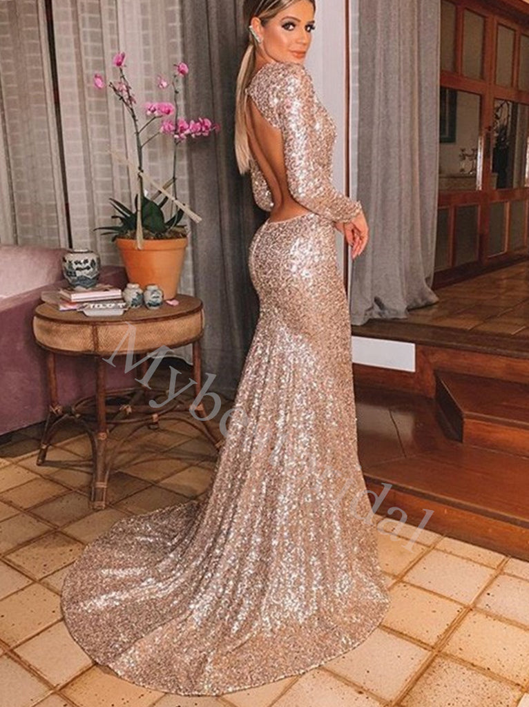 Sexy V-neck Long sleeves Mermaid Prom Dresses,PDS0798