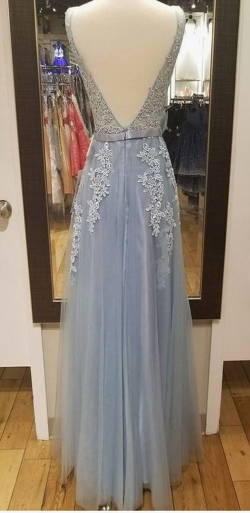 Sexy Backless V Neck Grey Lace Tulle Long Evening Prom Dresses,  Pretty Party Prom Dresses PDY0179