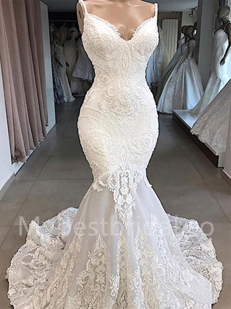 Sexy V-neck Spaghetti straps Mermaid Lace applique Wedding Dresses, WDY0300