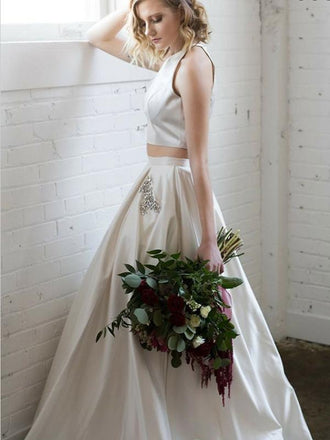 Two Piece White Satin Prom Dress With Beading Pockets ,Cheap Prom Dresses,PDY0400