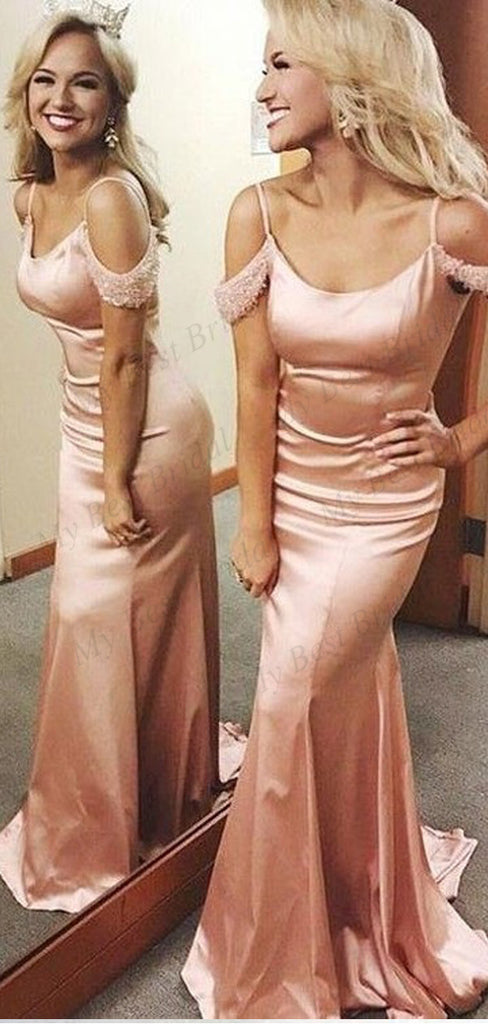 Mermaid Off-The Shoulder Pink Satin Prom Dresses,Cheap Prom Dresses,PDY0647