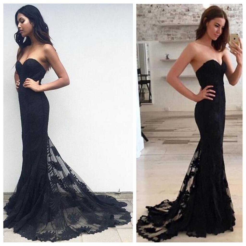 Sweetheart Black Lace Tulle Long Mermaid Simple Prom Dresses for 2017 Prom, BG0270