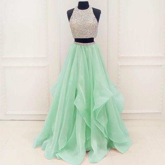 Two Pieces Rhinestone Top Mint Green Chiffon Long A-line Prom Dresses, BG0271