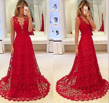 V-neck Red Lace Sleeveless Long A-line Tulle Prom Dresses, BG0273