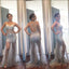 Spaghetti Cross Back Sexy See Through Silver Tulle Rhinestone Beaded Long Prom Dresses, BG0274