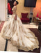 Long Sleeve V-neck Gold Lace Ball Gown White Organza Gorgeous Prom Wedding Dresses, BG0275