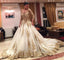 Long Sleeve V-neck Gold Lace Ball Gown White Organza Gorgeous Prom Wedding Dresses, BG0275