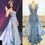 Blue Appliques Rhinestone Long Sheath Tulle Lace Prom Dresses, BG0276