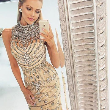 Popular Gorgeous Rhinestone High Neck Long Sheath 2017 Prom Dresses, BG0014