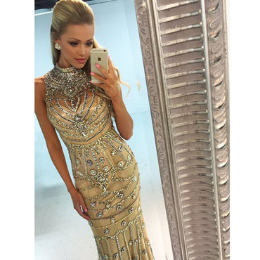 Popular Gorgeous Rhinestone High Neck Long Sheath 2017 Prom Dresses, BG0014