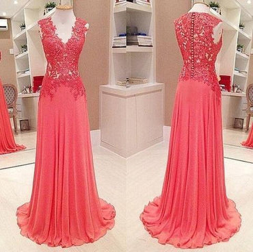 V-neck Lace Top Long A-line Chiffon Prom Formal Evening Dresses, BG0279