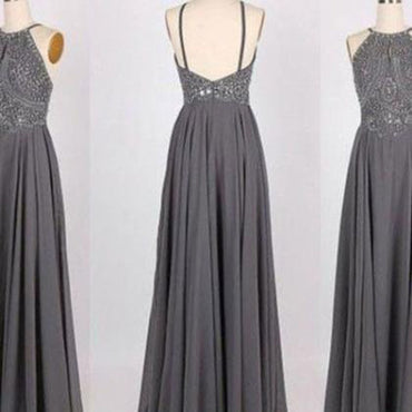 Hot Selling A-Line Prom Dress,Halter Gray Backless Prom Gown,Long Beading Prom Dress,Gray Evening Dress , PDY0180