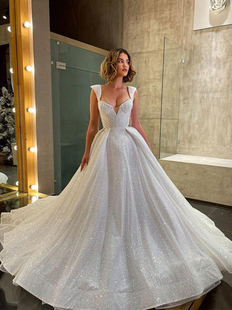 Elegant Unique Spaghetti Straps A-line Sparkly Wedding Dresses Online, WDY0243