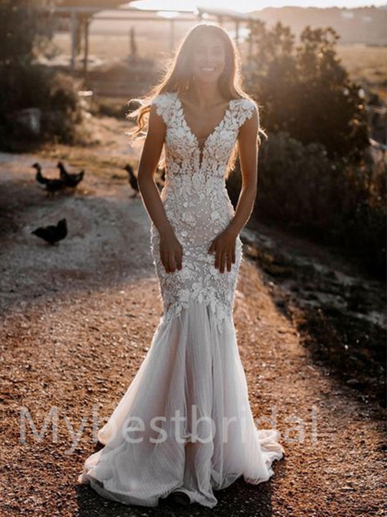 Simple V-neck Mermaid Lace applique Wedding Dresses, WDY0255