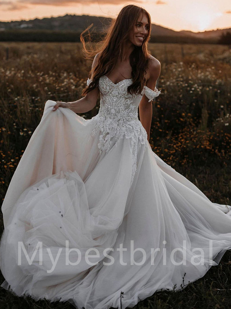 Elegant Lace Applique Wedding Dresses Off Shoulder Sweetheart Bridal Ball  Gown