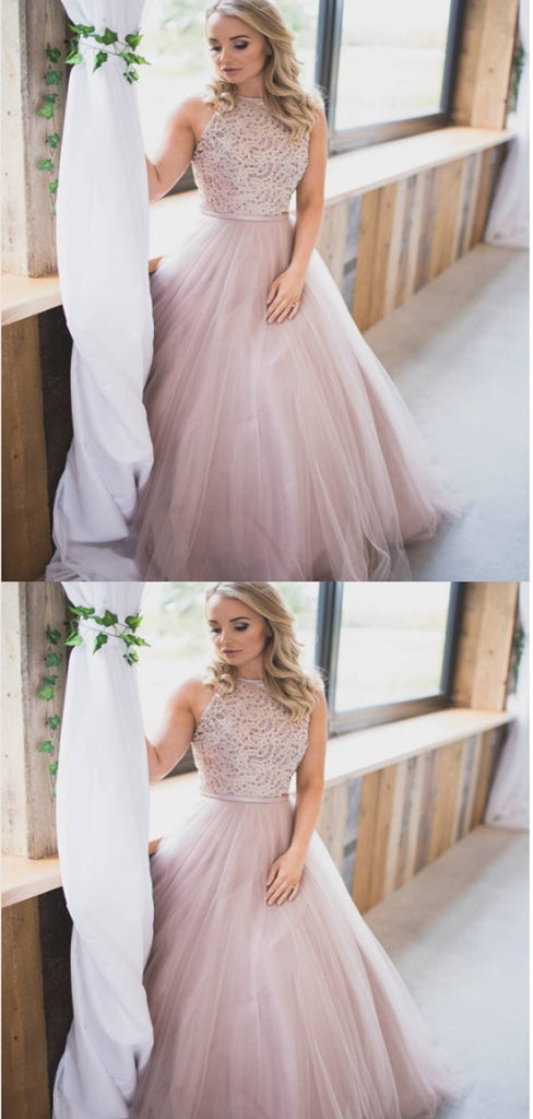 A-line High Neck Beaded Tulle Prom Dresses,Cheap Prom Dresses,PDY0465