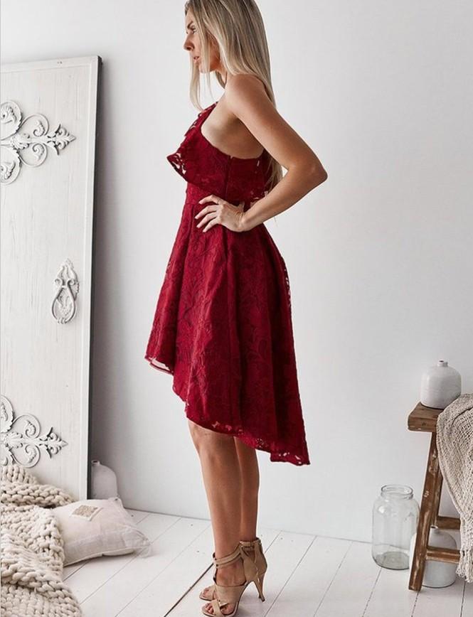 A-Line One Shoulder Hi-lo Red Lace Homecoming Dress ,Short Prom Dresses,BDY0348