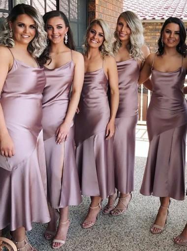 Spahgetti Straps Dusty Purple Tea Length Cheap Custom Bridesmaid Dresses Online, WGY0310