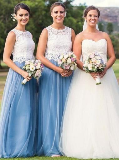 Illusion Lace Blue Tulle Skirt Long Cheap Bridesmaid Dresses Online, WGY0233