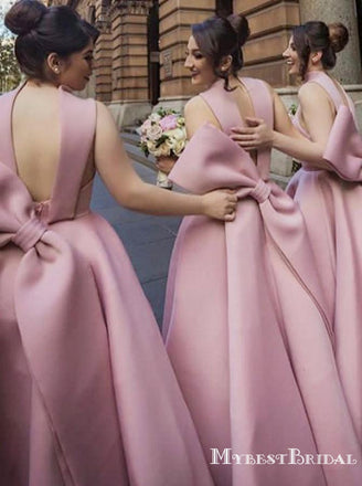 Lovely Satin High Neck A-line Long Bridesmaid Dresses With Bow, TYP0037