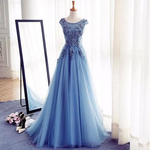 Scoop Neckline Blue Appliques Long A-line Tulle Elegant Prom Dresses, BG0280