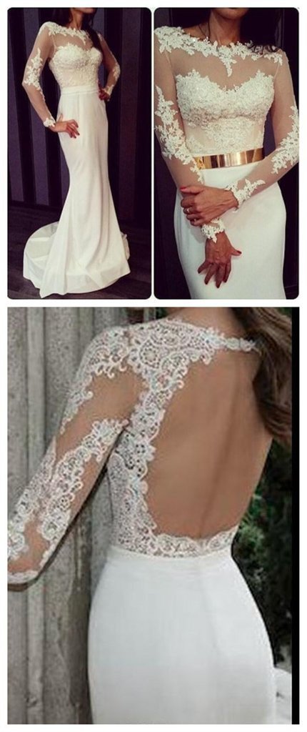 Popular Round Neck White Lace Jersey Long Sleeve Mermaid Prom Dresses with Gold Belt, BG0283