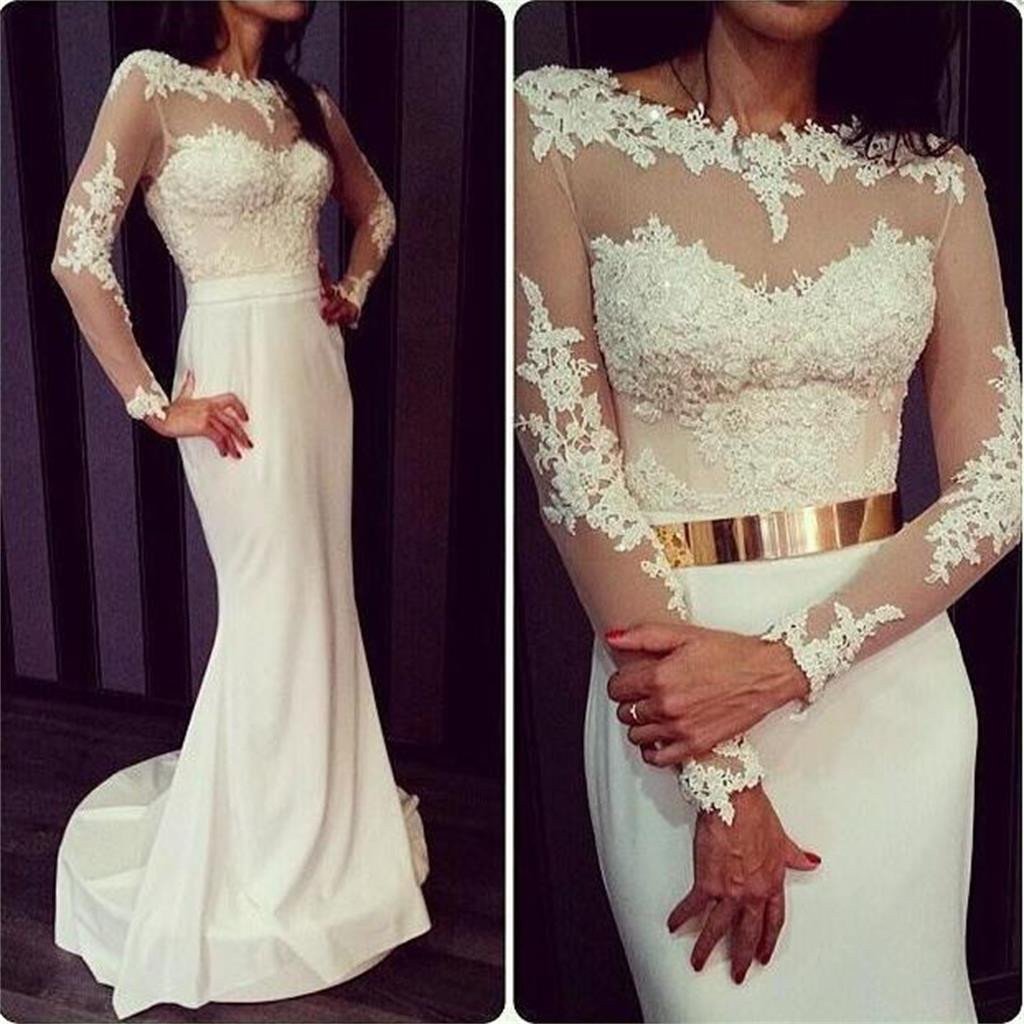 Popular Round Neck White Lace Jersey Long Sleeve Mermaid Prom Dresses with Gold Belt, BG0283