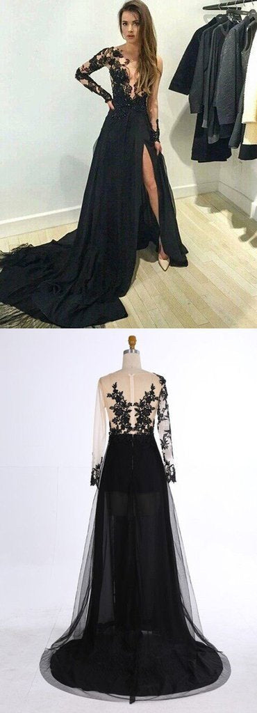 Hot Sale Black Lace Beaded Long A-line Satin Side Slit Prom Dresses, BG0284