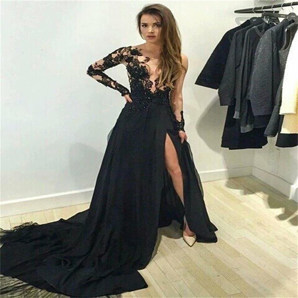 Hot Sale Black Lace Beaded Long A-line Satin Side Slit Prom Dresses, BG0284