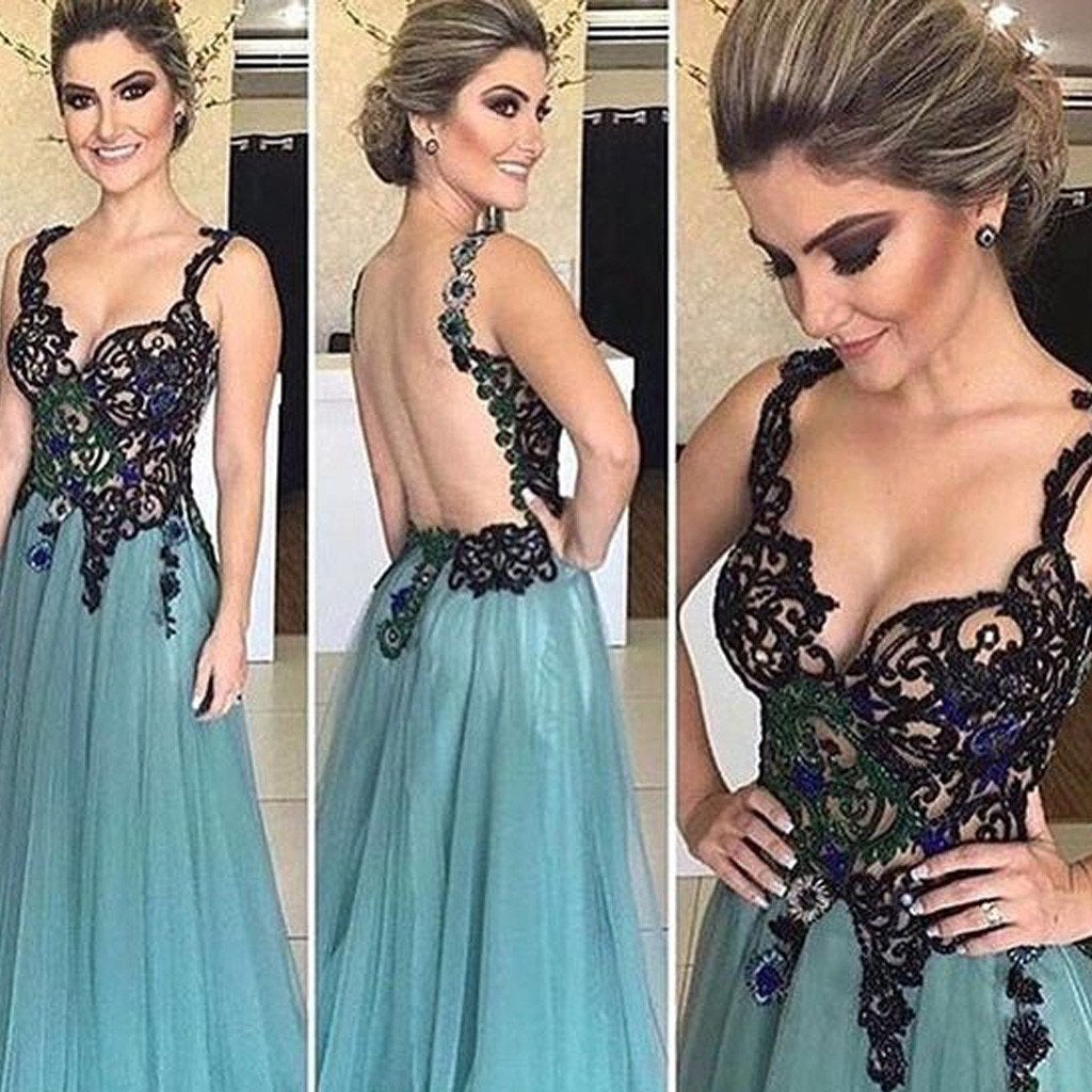 Gorgeous Beaded Backless Sexy Long A-line Tulle 2017 Prom Dresses, BG0285