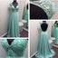 Elegant Beaded Green Rhinestone Open Back Long A-line Chiffon Prom Dresses, BG0286