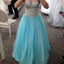 Sweetheart Sparkle Rhinestone Beaded Long A-line Blue Tulle Party Prom Dresses, BG0289