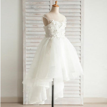 Fashion Hi-low Lovely Appliques Cap Sleeve  Open Back See-through Tulle Flower Girl Dresses, FGY0118