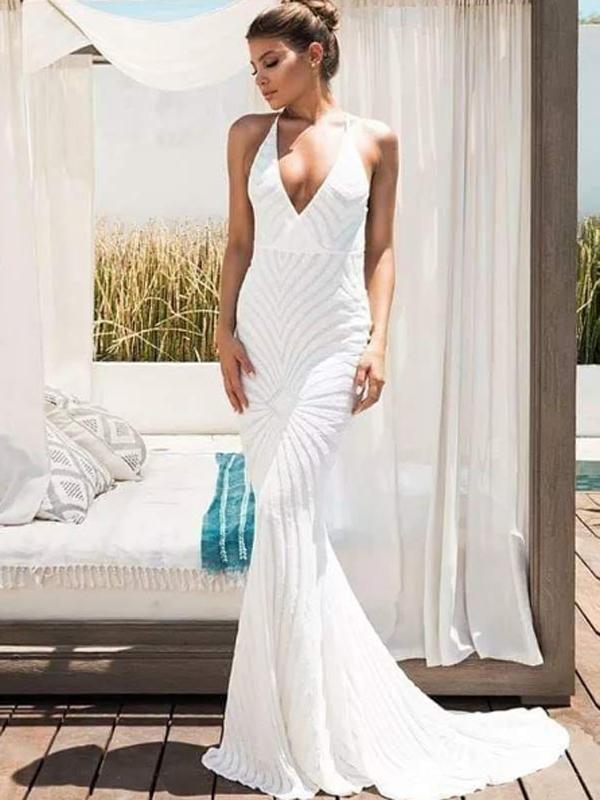 Mermaid Spaghetti Straps V-neck White Sequin Prom Dresses,Cheap Prom Dresses,PDY0466
