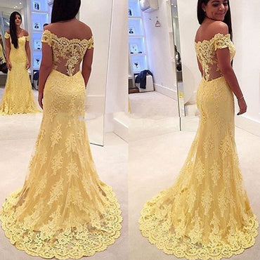 Off Shoulder Yellow Lace Long Mermaid Sheer Long Prom Dresses, BG0290