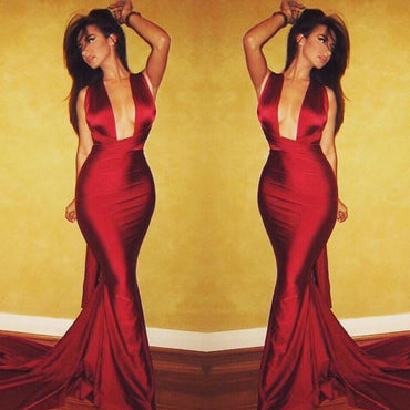 Sexy Halter Red Satin Long Mermaid Cheap Popular Prom Dresses, BG0292